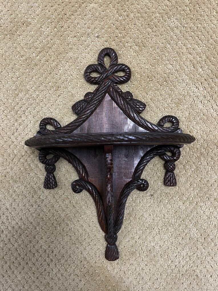 Antique Carved Walnut Wood Folding Wall Shelf, with Tassels