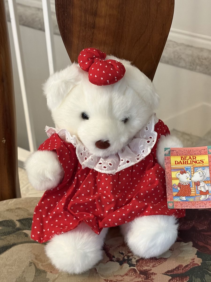 Vintage Bear Darlings White Teddy Bear with Red Heart Dress & Bow - Collectible Plush Toy