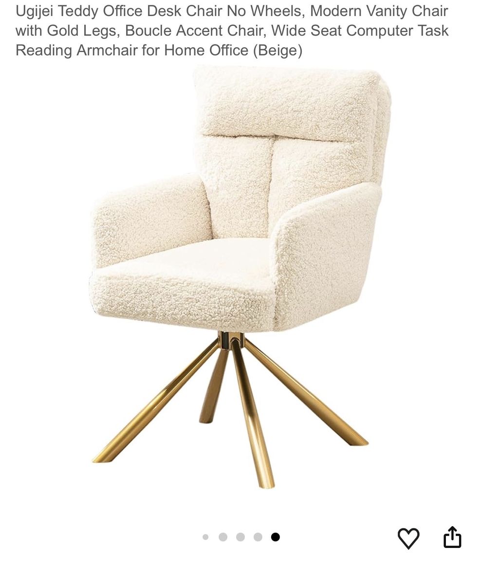 Ugijei Teddy Boucle Office Desk Chair - No Wheels, Gold Legs, Modern Vanity Task Armchair (Beige)
