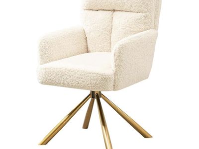Ugijei Teddy Boucle Office Desk Chair - No Wheels, Gold Legs, Modern Vanity Task Armchair (Beige)