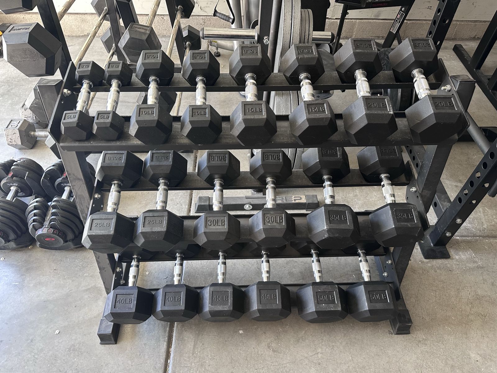 Rubber Hex Dumbbells 5-50LB & Rep Fitness Rack
