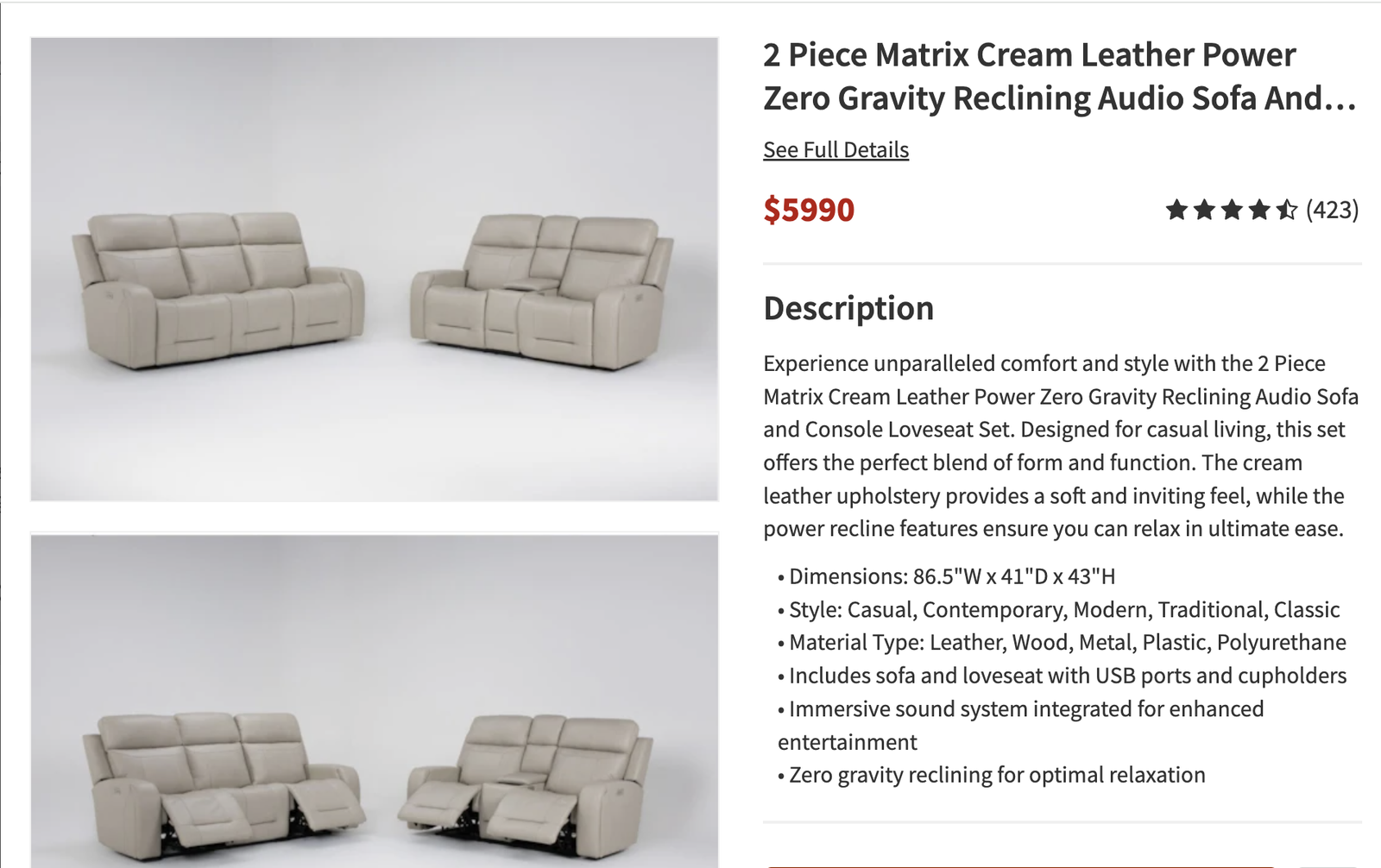 Living Spaces Matrix Leather Theater Set – Heat/Massage/Audio