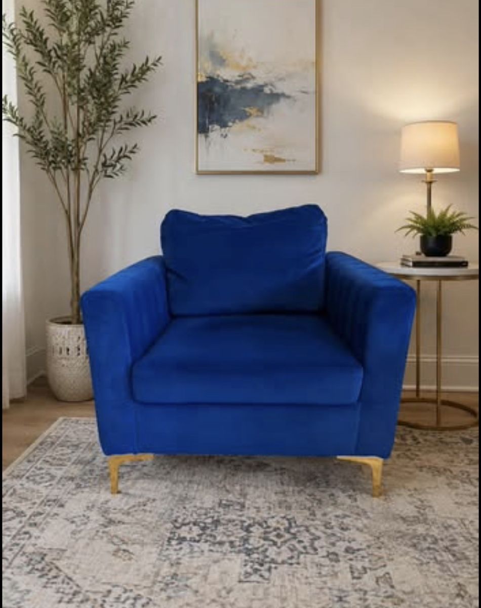 Blue Velvet Accent Chair Modern Club Chair Gold Metal Legs Living Room Bedroom