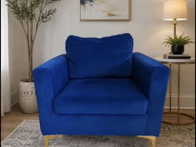 Blue Velvet Accent Chair Modern Club Chair Gold Metal Legs Living Room Bedroom
