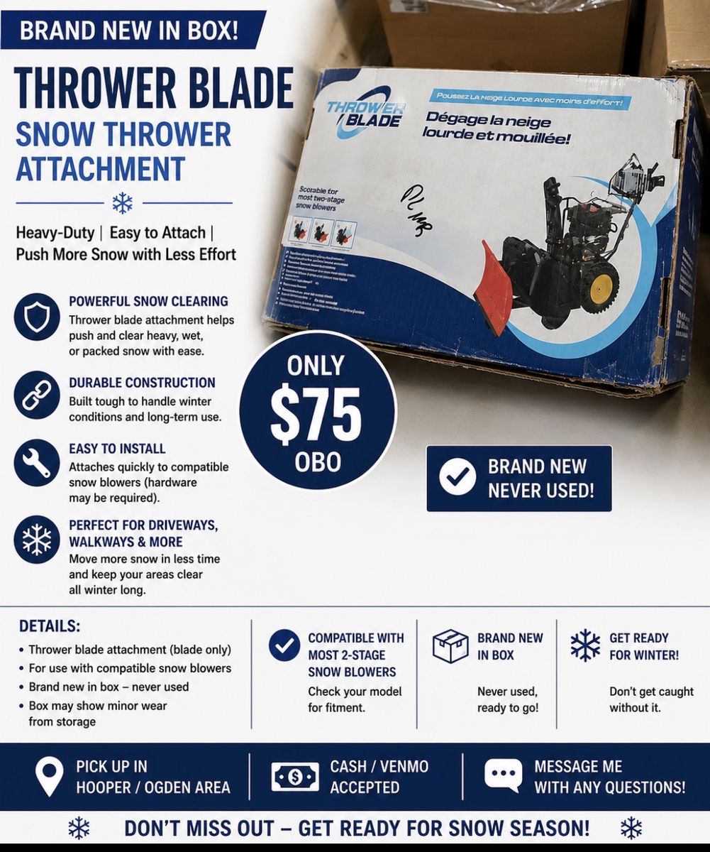 Thrower Blade Heavy-Duty Snow Thrower Attachment - Brand New in Box, Easy Install