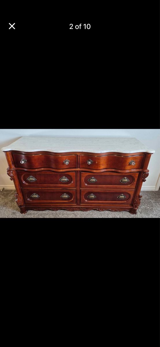 5 piece Vintage French Provincial Carved Mahogany Dresser w/ Marble Top & Matching Mirror, pair of nightstand and headboard