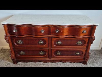 5 piece Vintage French Provincial Carved Mahogany Dresser w/ Marble Top & Matching Mirror, pair of nightstand and headboard