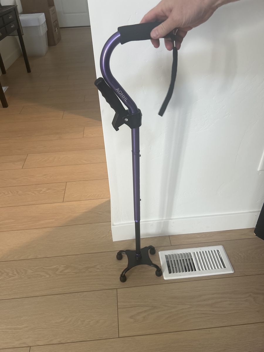 AOHHL Foldable Adjustable Quad Walking Cane with 4-Pronged Base - Purple, Lightweight & Sturdy. $25 Venmo or $20 cash.