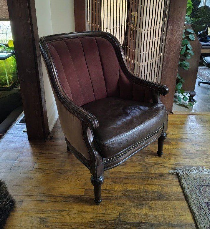 Vintage Accent Chair, Library Chair - Tufted Brown Velvet, Dark Brown Leather, Nailhead Trim