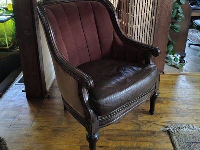 Vintage Accent Chair, Library Chair - Tufted Brown Velvet, Dark Brown Leather, Nailhead Trim