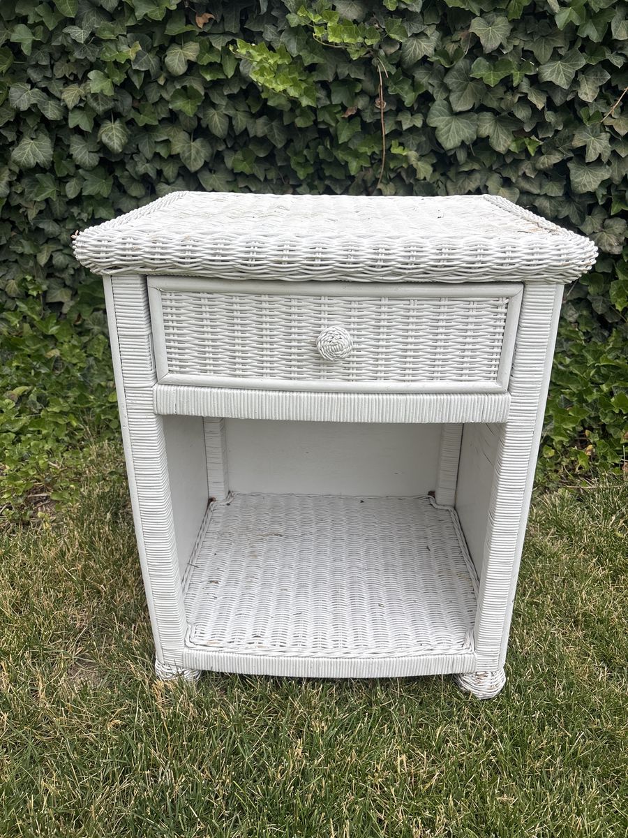 White Wicker Nightstand Side Table with Drawer and Shelf - Coastal Chic Furniture