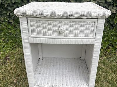White Wicker Nightstand Side Table with Drawer and Shelf - Coastal Chic Furniture