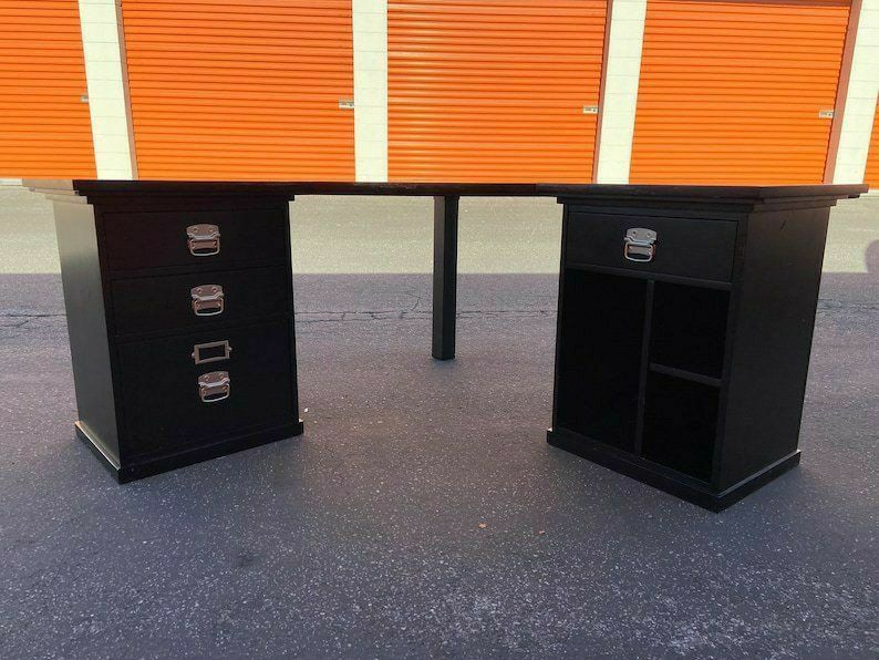 Large Pottery Barn Black Wooden Bedford Corner Desk 
