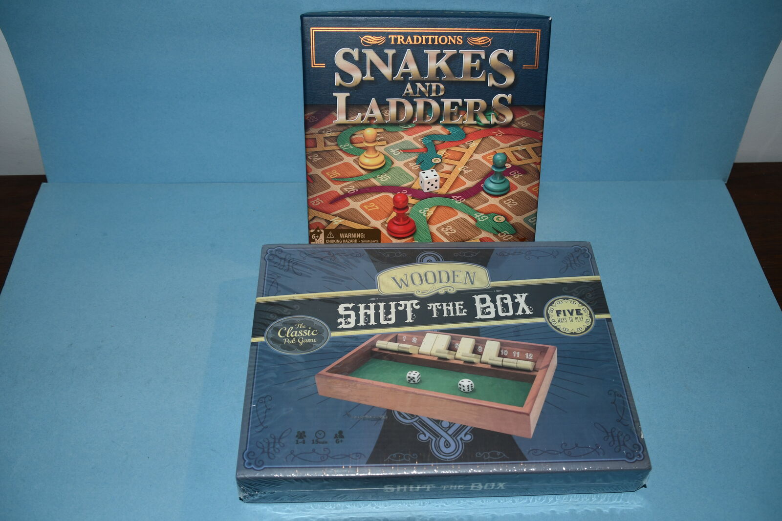 2 FAMILY GAMES ~ SHUT THE BOX (SEALED) & SNAKES and LADDERS  (COMPLETE) ~ BUILD MATH SKILLS