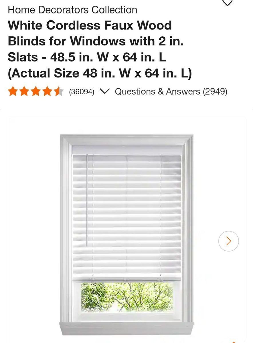 New 48.5in wide 64in tall 2in white faux cordless blinds