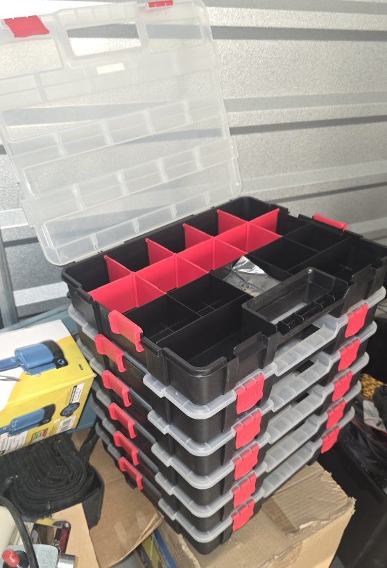Stackable Parts Organizer, 6-Layer, Adjustable Dividers, Clear Lids, Red/Black