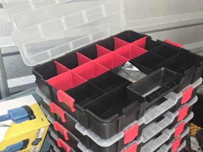 Stackable Parts Organizer, 6-Layer, Adjustable Dividers, Clear Lids, Red/Black