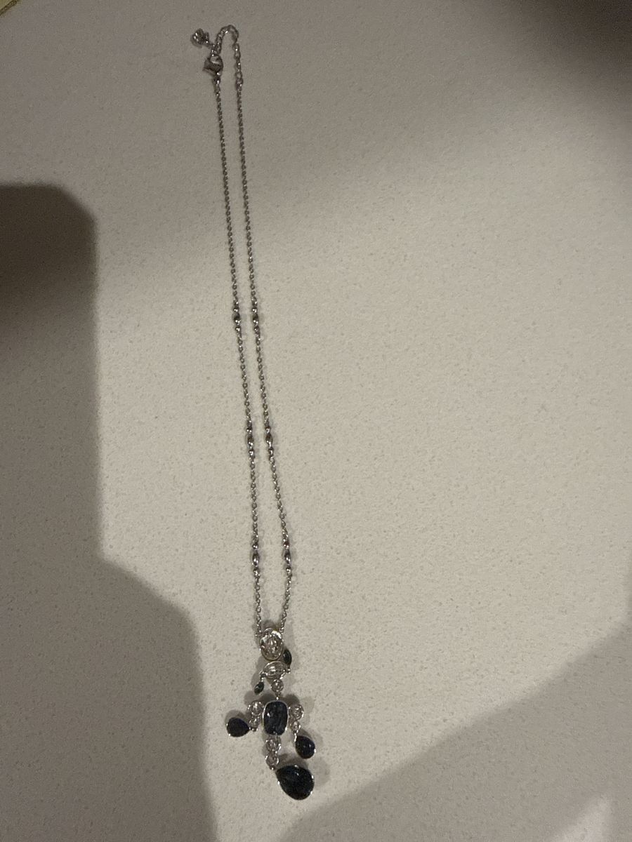 Elegant Silver-Tone Necklace with Dark Blue & Clear Stone Pendant - Adjustable Chain