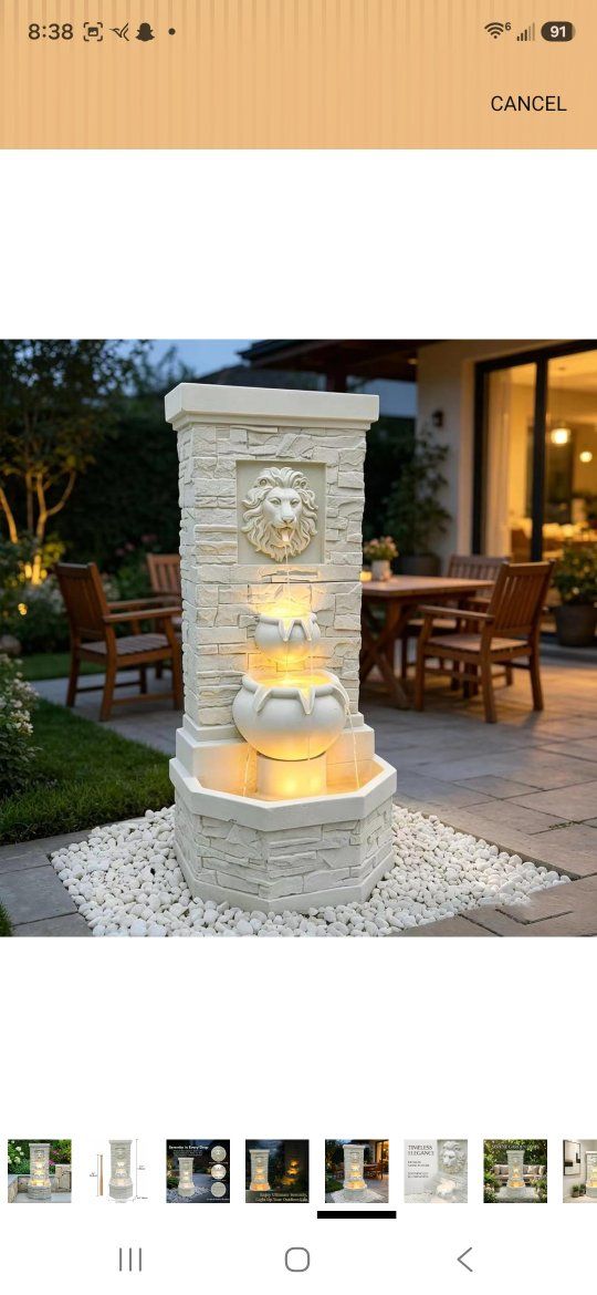 Outdoor Lion Head Waterfall Fountain, 41.7" Tall, 3-Tier with LED Lights, Adjustable Flow