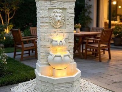 Outdoor Lion Head Waterfall Fountain, 41.7" Tall, 3-Tier with LED Lights, Adjustable Flow