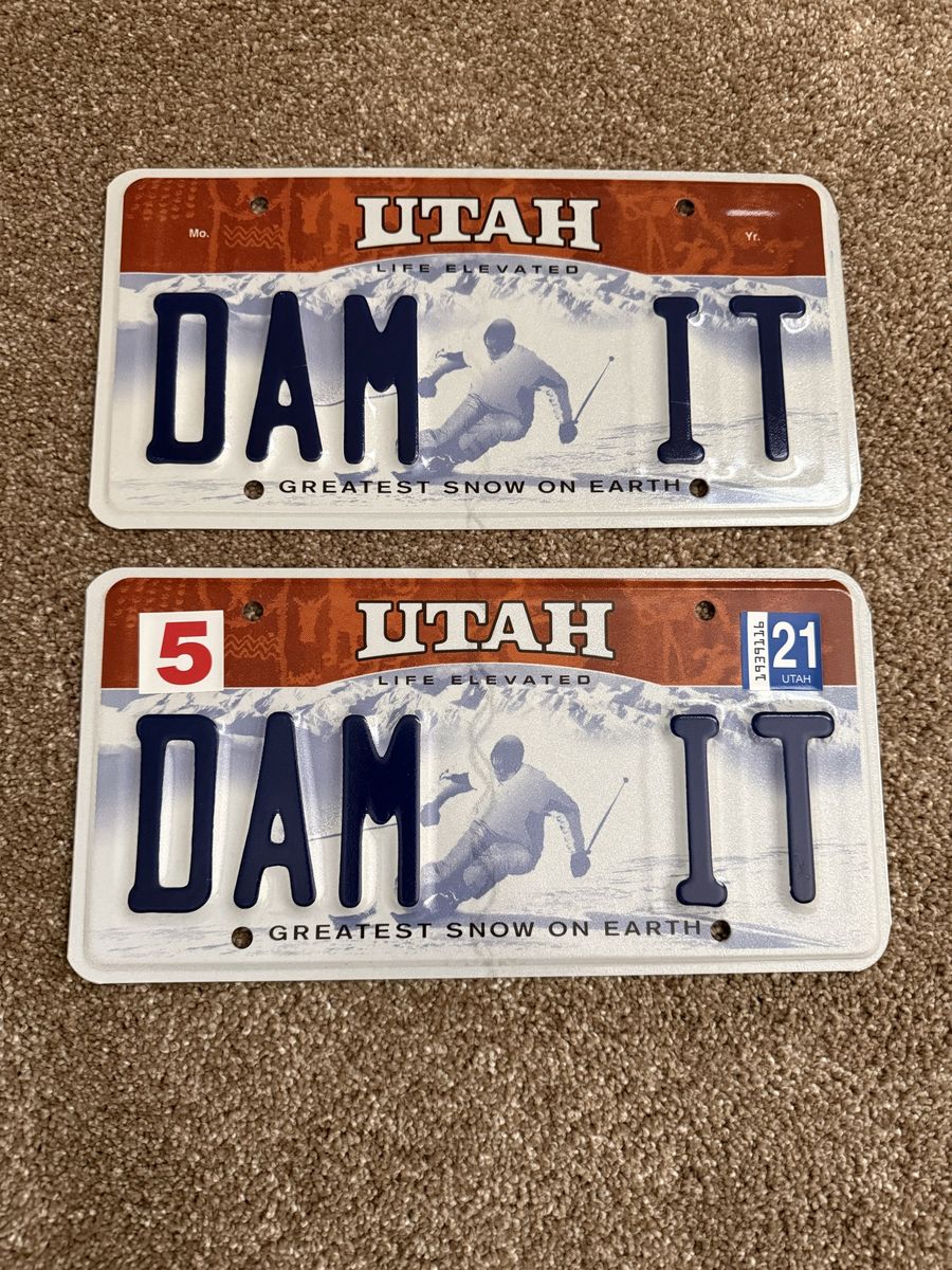 Utah License Plate Pair - DAM IT