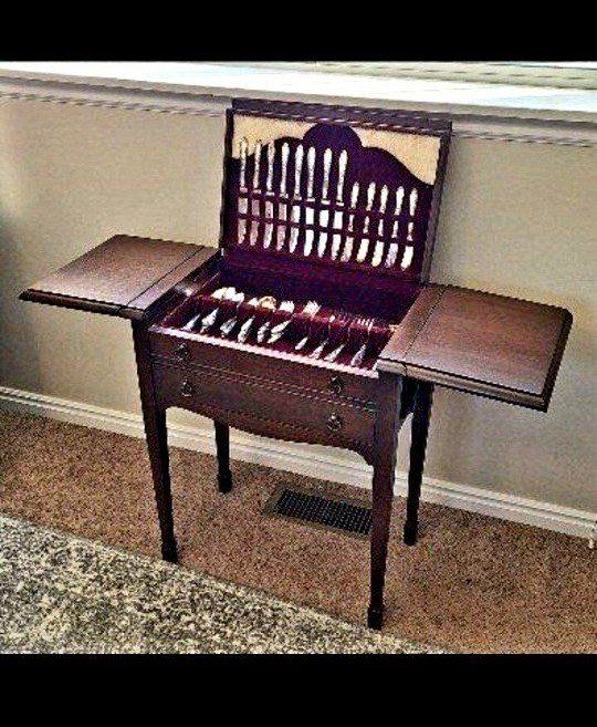 Drop-Leaf Silverware Chest Console Table - Dark Wood w/ Drawers & Storage