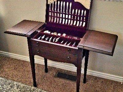 Drop-Leaf Silverware Chest Console Table - Dark Wood w/ Drawers & Storage