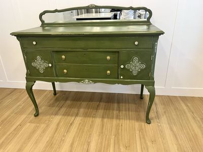 Vintage Sage Green Buffet Sideboard with Mirror - Hand-Painted Decorative Accents