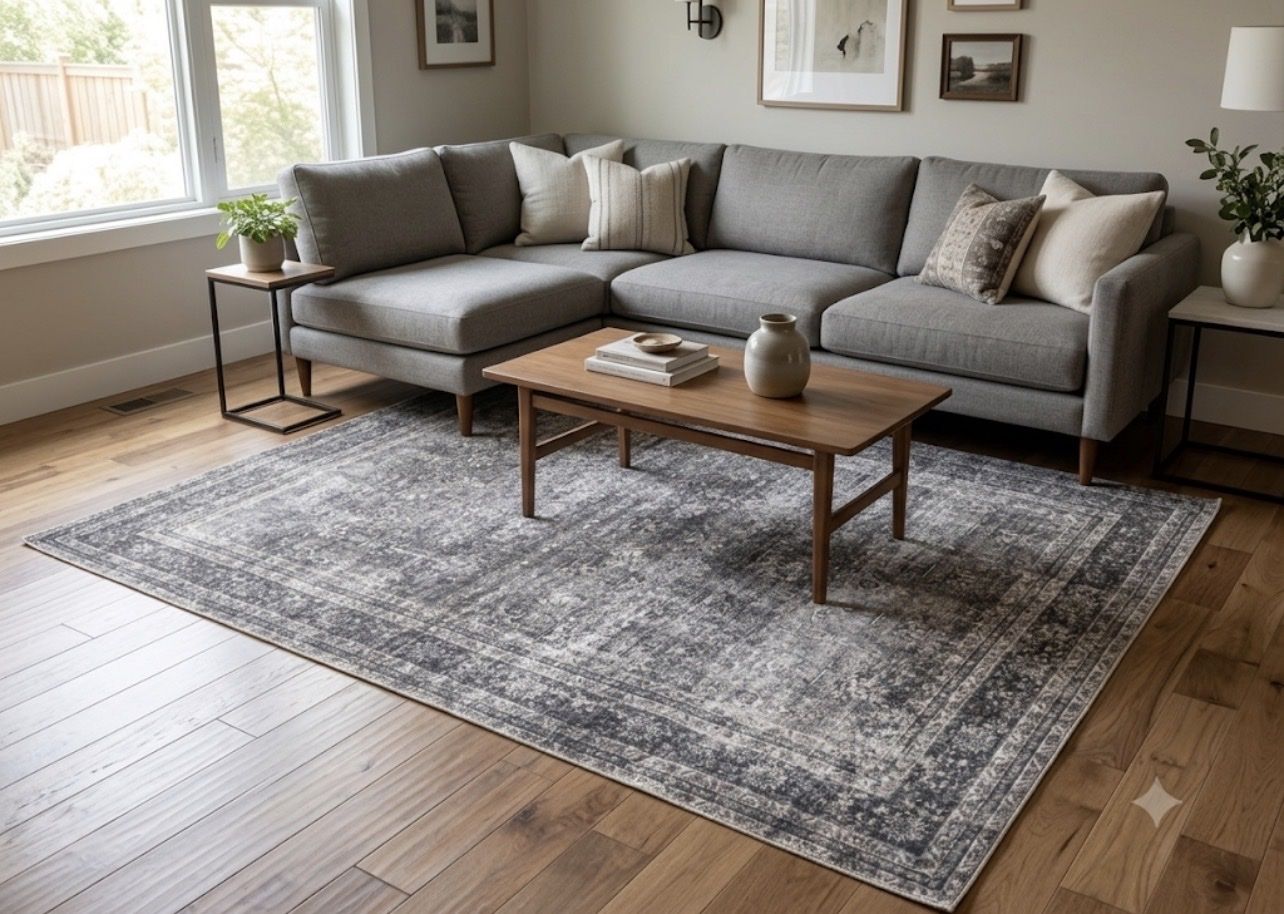 5x7 Distressed Vintage-Style Area Rug – Charcoal & Cream