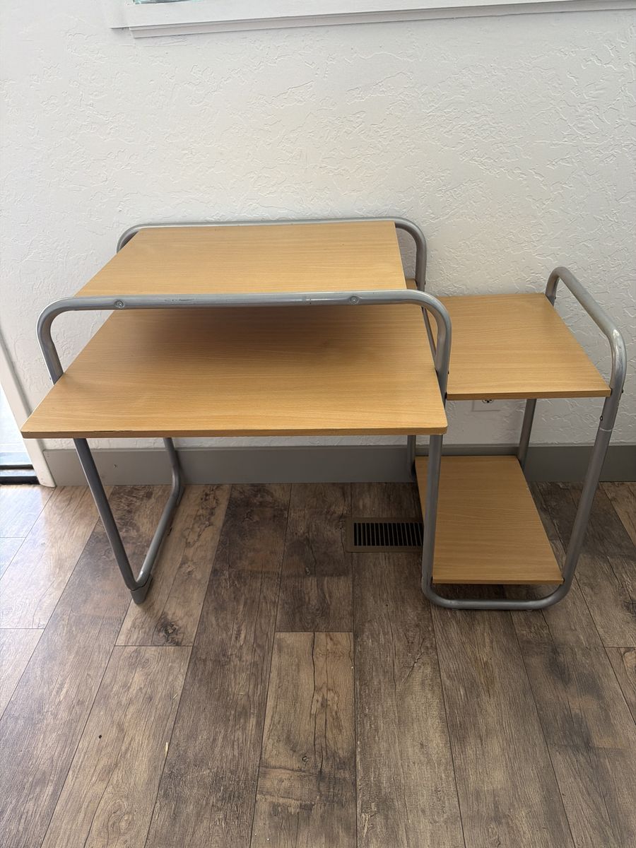Compact Wood and Metal Computer Desk with Shelves - Light Brown/Gray