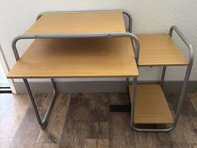 Compact Wood and Metal Computer Desk with Shelves - Light Brown/Gray