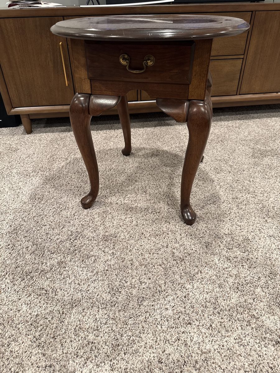 Vintage Wood End Table with Drawer - Round Top & Cabriole Legs