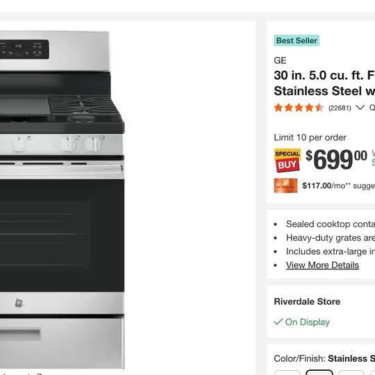 GE 30 inch Freestanding Gas Range Stainless Steel with Griddle