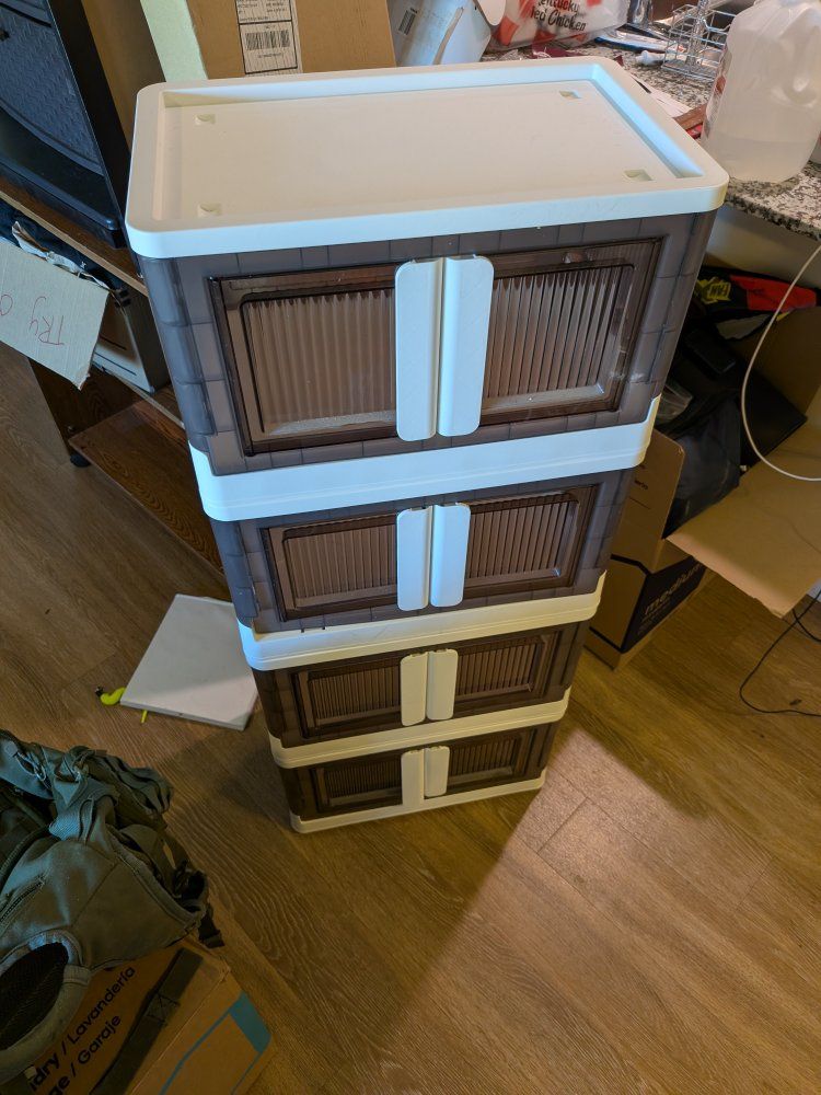 Stackable Folding Storage Box with Double Doors - White & Brown Plastic Organizer