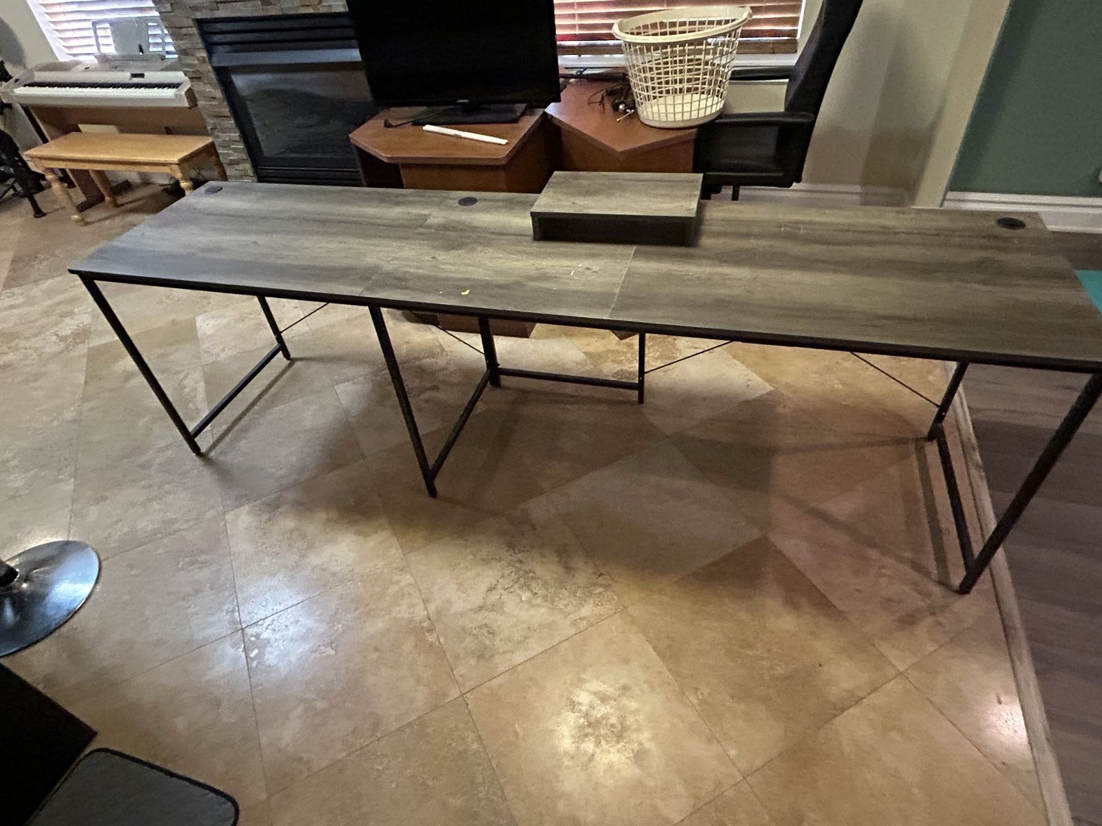 Spacious Wood Grain & Metal Desk - Modern L-Shape Office Workstation with Monitor Stand
