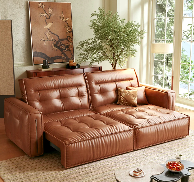 JASIWAY Smart Electric Brown Leather Sofa Bed Couch - Vintage-Style Recliner Design