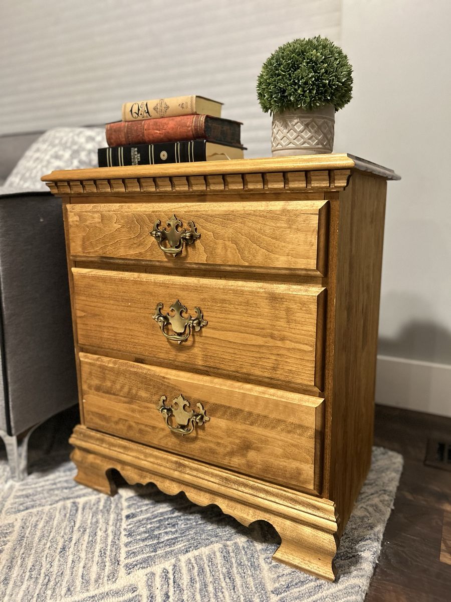 Vintage Wood 3-Drawer Nightstand / Side Table with Brass Hardware - 25" Tall