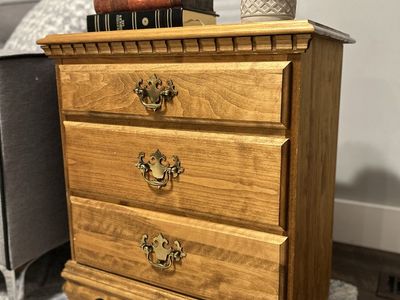 Vintage Wood 3-Drawer Nightstand / Side Table with Brass Hardware - 25" Tall