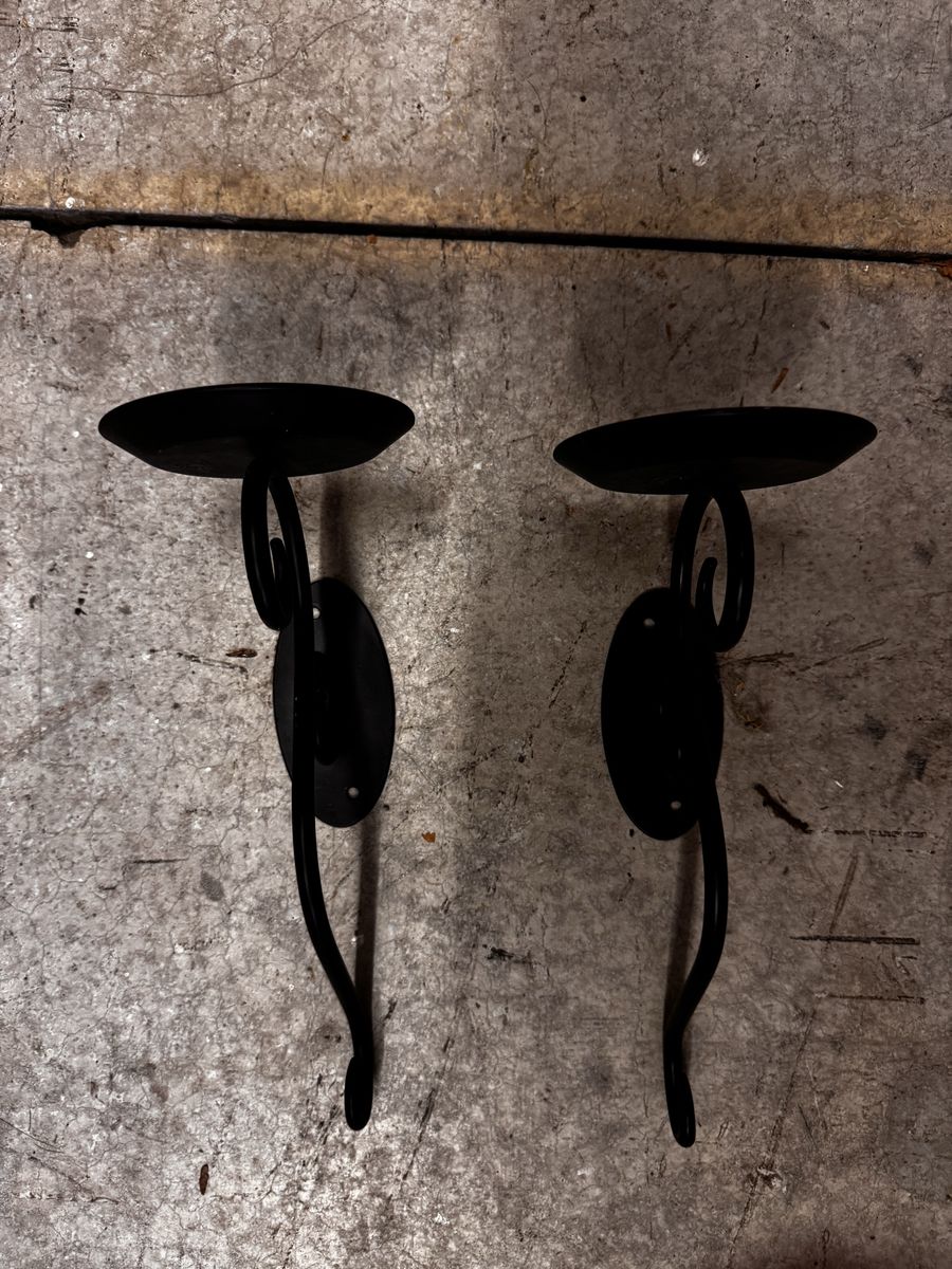 Pair of Black Metal Scrollwork Wall Sconce Candle Holders