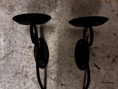 Pair of Black Metal Scrollwork Wall Sconce Candle Holders