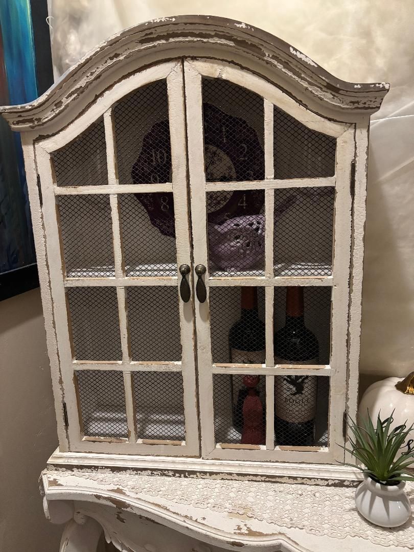 MOVING SALE: Counter or Wall Hung Curio with Chicken Wire Windows & Doors