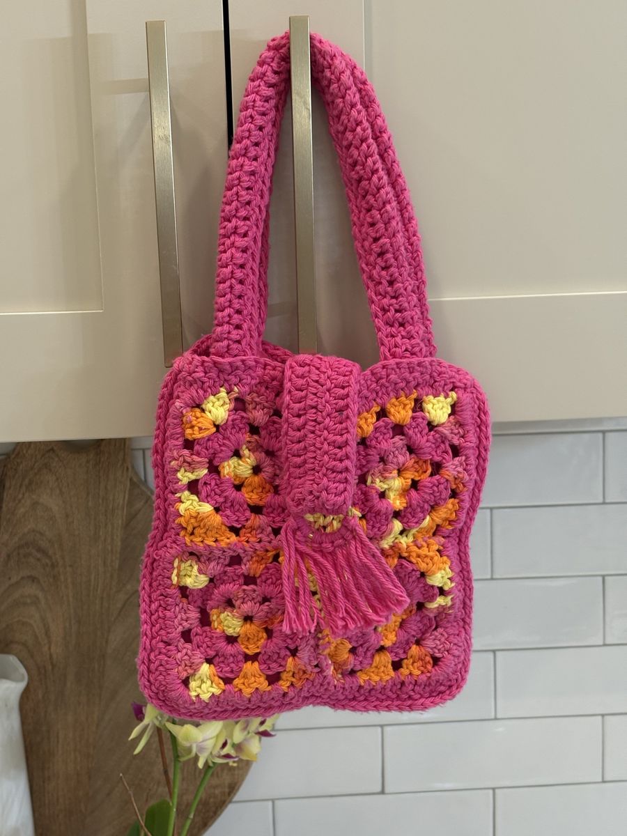 Handmade Crocheted Granny Square Tote Bag Pink Orange Yellow Bohemian Style Purse