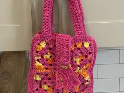 Handmade Crocheted Granny Square Tote Bag Pink Orange Yellow Bohemian Style Purse
