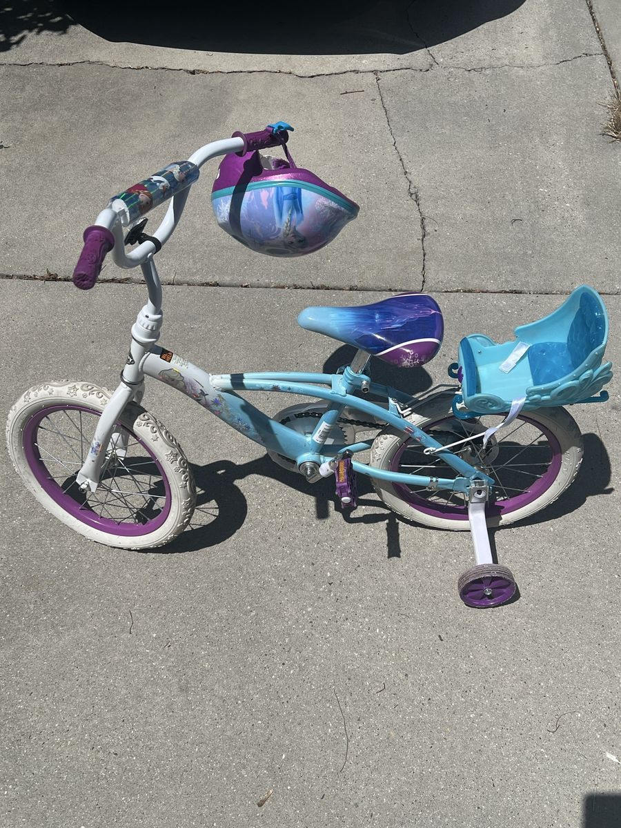 Disney Frozen Kids' Training Wheel Bike w/ Helmet & Doll Seat, Blue/Purple, 16-inch