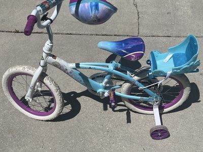 Disney Frozen Kids' Training Wheel Bike w/ Helmet & Doll Seat, Blue/Purple, 16-inch