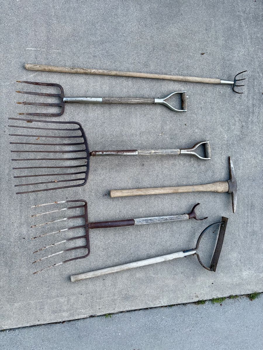 Antique pitchforks, Railroad pickaxe, cultivator fork, Keiser sling blade