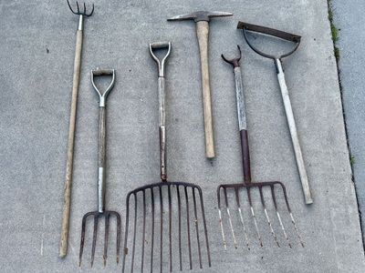 Antique pitchforks, Railroad pickaxe, cultivator fork, Keiser sling blade