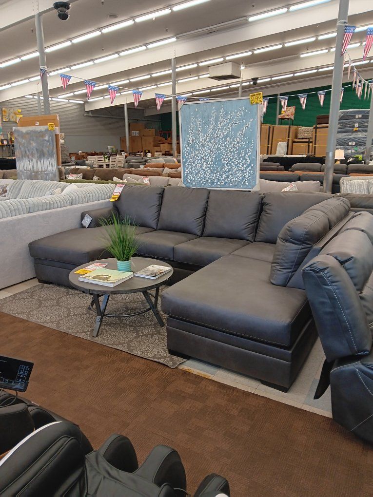 Sectional Couch - Gray, Faux Leather, Spacious Seating, Modern Design