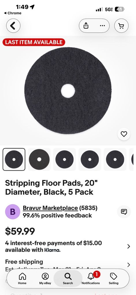 Stripping Floor Pads, 20 Diameter, Black, 5 Pack