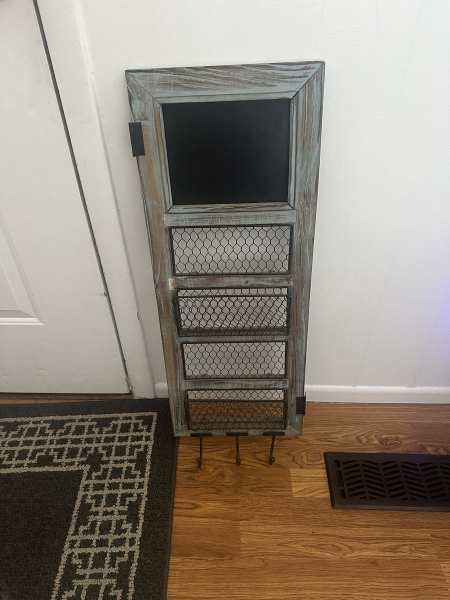 Rustic Wooden Wall Mail Organizer with Chalkboard and Key Hooks